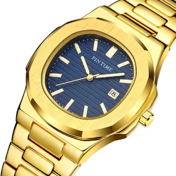 PINTIME Full Steel мъжки часовник Top Brand Luxury Gold Ежедневни мъжки кварцов ръчен часовник Водоустойчив военни часовници мъжки часовник календар