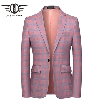 Plyesxale марка розово бежово, светло синьо карирани блейзър мъжете 6XL ежедневни Homens Blazers костюм Homme Mariage официален костюм якета Q800