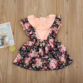 Pretty primcess блузи, тениски ruched print цветя на няколко нива каишка рокля дете деца детски дрехи на бебето дрехи, комплекти 2 елемента 0-24 МИЛИОНА