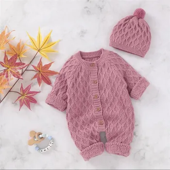 Pudcoco Baby Boy Girl вязаная дрехи есен-зима Детски плъзгачи с шапка младенческий твърди едно парче топъл гащеризон 0-24 м