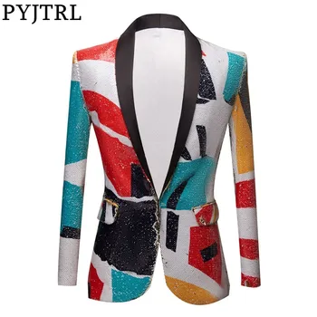 PYJTRL нова мода модел Шал на ревера пайети блейзър DJ в нощен клуб Slim Fit костюм яке етап певци костюм