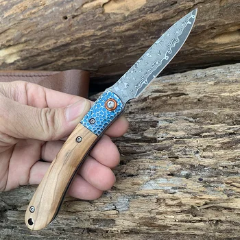 SAMSEND ръчно сгъваем нож с естествена дървена дръжка Damas blade, мъжки и женски открит EDC инструмент за самозащита, бутиков нож