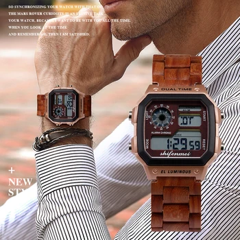 Shifenmei мъжки часовник цифров правоъгълен корпус мода електронни светещи ръчни часовници, класически дървен сплав ръчни часовници за човека