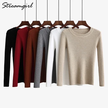 Streamgirl Basic Sweater Women Есента На 2018 Оребрена Зимата Женски Пуловер Плетиво Пуловеров Трикотаж Черни Пуловери За Жени