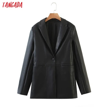 Tangada Women Black Faux Leather Blazer Coat Vintage назъбена яка с дълъг ръкав 2020 Fashion Female Chic Върховете 8H35