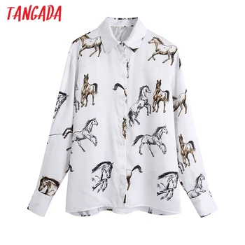 Tangada жени животните печат бяла риза винтидж блузи с дълъг ръкав дамски ежедневни ризи Blusas Chic върховете BE340