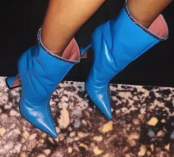 VIISENANTIN Женски ботильоны обувки Diamond декор Остър чорап странен ток на зареждане микрофибър черен син модни обувки, Mujer