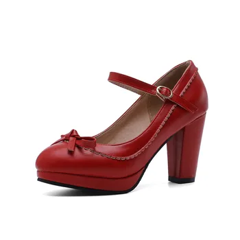 YMECHIC 2019 Нов Лолита Мери Джейн партия обувки жена на високи токчета Боути платформа червен бял черен обтегач женски помпи плюс размер