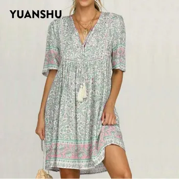 YUANSHU Women Summer Dress Секси V образно деколте цветен принт Boho плажна рокля с къс ръкав безплатен мини сарафан богемные празнични рокли