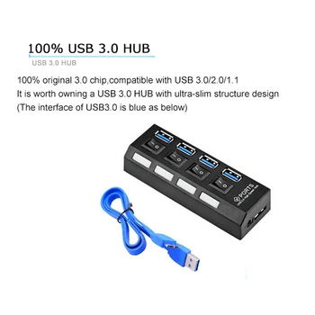 YUNCLOUD USB ХЪБ 3.0 4 порта Преносим USB 3.0 ХЪБ High Speed 5 Gbit / с разпределител с кабел за захранване за преносими компютри, аксесоари