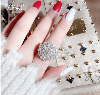 ZAKOL Luxury AAA Cubic Цирконий Big Flower Finger Rings For Women Bridal Fashion Wedding Jewelry FSRP2005
