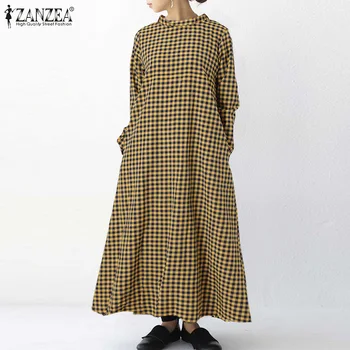 ZANZEA жени каре проверени сарафан есен с дълъг ръкав кафтан Dress Robe Femme Maxi Vestidos ежедневни свободни рокли големи 5XL