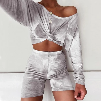 ZHYMIHRET Вратовръзка Боядисват Crop Top And Shorts Two Pieces Set Women 2020 Summer Casual 2 Piece Set Long Sleeve Household Clothing