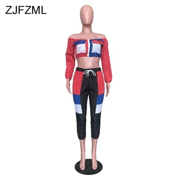 ZJFZML Casual Two Piece Set Women Off The Shoulder Full Sleeve Crop Top And Mid-Claf Pant есенни тоалети градинска облекло 2 отделни комплекта