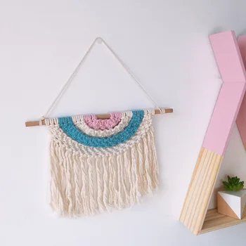 Бохемия детска стая памучен въже вязаная пискюл гоблен ръчна изработка сплетен Дъга детска стая монтиране на украса детски подарък