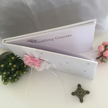 Бял сатен, цвете сватбена книга за Гости подпис писалка, определени със сладка панделка, мъниста вечерни аксесоари подпис писалка, определени LXY9