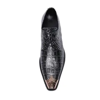 Вечерни модела обувки от естествена кожа британски стил метален чорап крокодил модел броги обувки мъжете стягам нощен клуб вечерни обувки за мъже