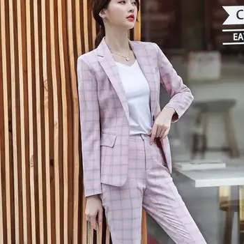 Всекидневни женски карирани брючный костюм нов тънък сако и панталони комплект от 2 части костюм розов кайсия S-4XL