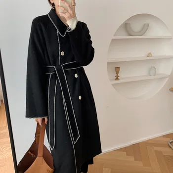 Дамски елегантен черен дълъг вълнен палто, яке двубортный кантиране на вълна палто с колан пълен ръкав на горно облекло