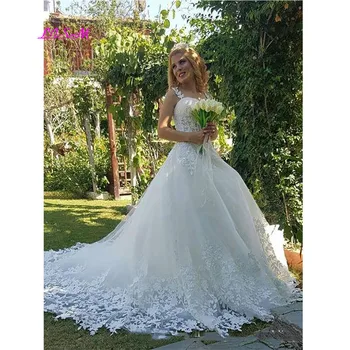 Дантелени апликации сватбена рокля, Секси Robe de soiree скъпа бална рокля разгъвка на влак сватба рокли с високо качество сватбени рокли 2021