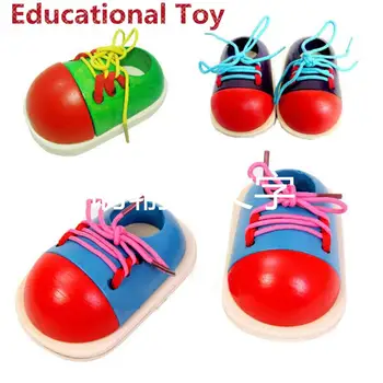 Дървена Играчка, Тай-Up Kids Shoe Learnimg To Tie Shoe Чрез Шнурове (Случаен Цвят)