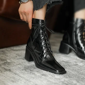 Европейски марки дамски ботуши от естествена кожа Мартин ботуши с дантела модни ботуши Дамски обувки