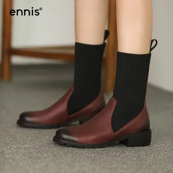 Енис ботильоны от естествена кожа ретро ботуши на нисък ток женски възли участък ботуши през цялата чорап бордовая обувки есен зима A0127