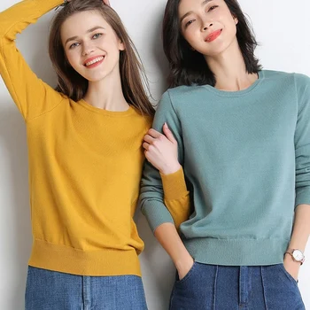 Есен дамски пуловер пуловер нов твърдо За-образно деколте с дълги ръкави Мек вълнен пуловер голям е размерът на плета дъното ризи, дамски блузи