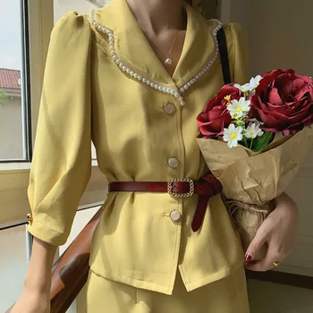 Есен френски стил Vintage 2 бр. група жени костюм Перла назъбени колан, сако и пола, елегантен офис Дама луксозен две части комплекти