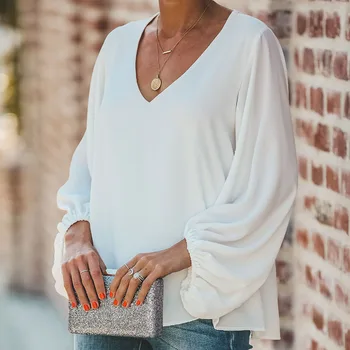 Есен шифон V-образно деколте и свободни блузи жени плътен фенер с дълъг ръкав ежедневна блуза дамски 2021 нова лятна мода Дамски дрехи