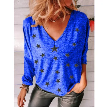 Жените Тениска Памук Дамски Пуловери Мода Ежедневни Звезди На Печатни V На Врата Риза С Дълъг Ръкав Плюс Размера На Пролет Есен Свободни Топове