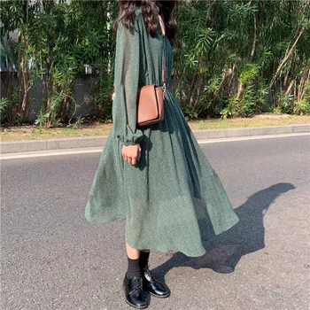 Зелен еластичен колан-Секси дълга рокля 2021 A-line Plus Size Midi Dress Vestidos Femme Пролет грах винтажное женствена рокля 9886