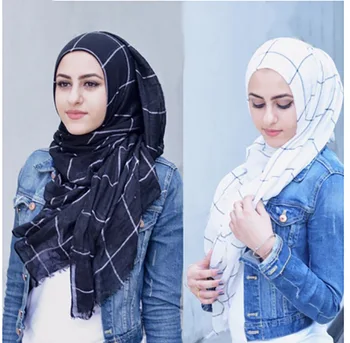 Класически наметала тартан памук мюсюлмански воал. → шал за дами с дълги напречни ленти двоен цвят ислямски hijabs Шал увиване на шал