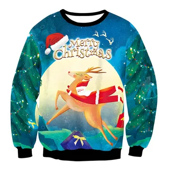 Коледен пуловер на жените и мъжете О-образно деколте пуловер ръкав в синьо с увреждания с оленьим принтом облекло 2020 Есен Зима пуловери Oversize S -XL