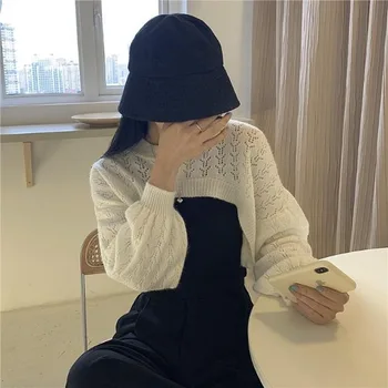 Комплекти за жени с по-къс дълъг ръкав плетене выдалбливают пуловери прости твърди танкове секси модни All-match новост корейски стил нова
