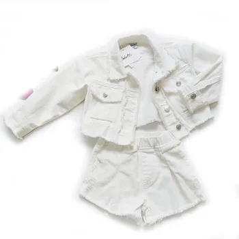 Костюм-двойка 2020 есен нови момичета бели дънкови шорти костюм детска пискюл кожа палто, яке