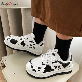 Крава шаблон Лолита маратонки жени Harajuku сладки кръгли обувки колеж стил casual градинска японската обувки Дамски обувки на платформа