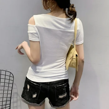 Лятна корея облекло тениска мода Секси с рамо пискюл дамски блузи Ropa Mujer памук с къс ръкав тениски 2020 нов T04602