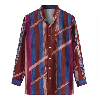 Мъжка Мода Bohemia Хавайски раирана тениска есен ежедневно с дълъг ръкав плажно парти тънки блузи блуза M-3XL
