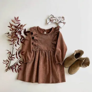 Нов 2019 Ins Европейски и американски дете есента рокля зима момичета от рипсено Кадифе, Ruched детската памук облечи момичето сладък рокля,#5377