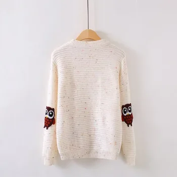 Нова есен жени сладък литературен сладък Бухал плета печат точка пуловер 2020 О-образно деколте с дълги ръкави прекрасен свободен ден за ден пуловер женски