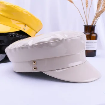 Нова мода военни шапки високо качество дами Cap плътен цвят плосък топ Hat изкуствена кожа кости капитан на жената есен барети