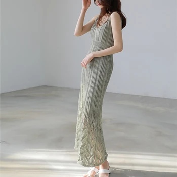 Нови летни дамски рокли 2021 година сарафан плетиво с V-образно деколте високо еластична талия в елегантна секси ежедневното бельо дълга рокля DR2930