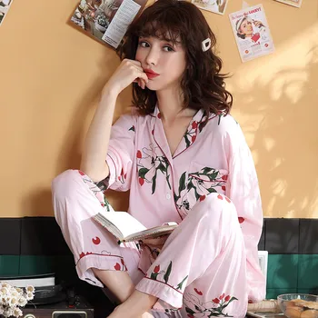 памук дамски пижами и комплекти есен дамска мода пижама 2 бр. домашно облекло за жени, сексуална пижами Mujer женски Loungewear