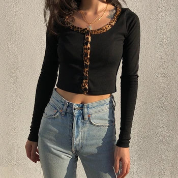 Пролетни черни дамски пуловери вязаная яке с дълъг ръкав съкратен топ леопардовое юрган основна Женска тениска вязаная блуза SW105