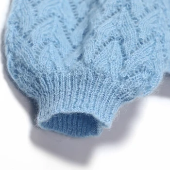 Пудра на прах син вязаный жилетка жените есен зима с дълъг ръкав V образно деколте офис Дама случайни пуловер елегантен шик-пуловер Pull 2020