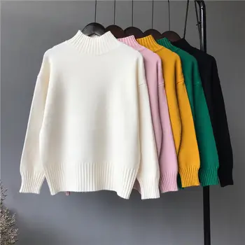 Свободно време high neck пуловер жени есен / зима 2020 с дълъг ръкав топло вязаный пуловер свободни бял женски пуловер