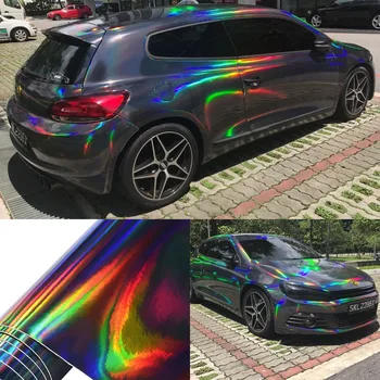 Холографски лазер хром черен автомобил етикети интериора на автомобила обвивка на тялото филмът винил лист черен с дъга стикери