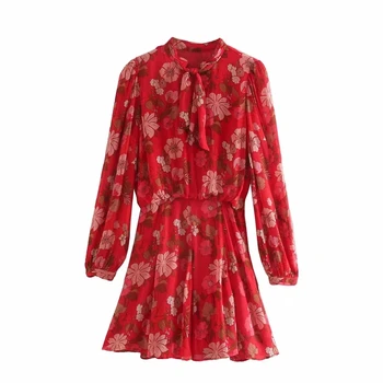 Червено шифоновое мини рокля с флорални принтом Women Za 2020 Fashion Bow О-образно деколте плиссированное рокля с дълъг ръкав Woman Vintage Elegant Dresses