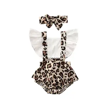 2 елемента новородено момиче леопардовый гащеризон лента за глава облекло накъдрен с къс ръкав мозайка на облегалката боди 0-24 м